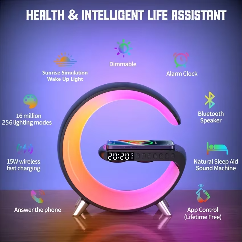 Big G 4-in-1 Smart LED Desk Lamp with RGB Light, Wireless Charger, Bluetooth Speaker, Night Light, and Alarm Clock - App Control for iPhone 16/15, Samsung, Bedroom, Office, and Home Decor