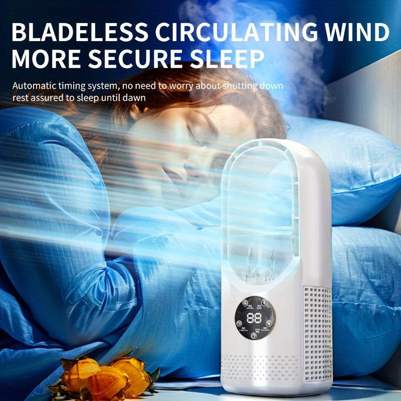 Portable USB Air Conditioning Tower Fan – Bladeless, Water Mist Cooling, LED Ambient Light, Timer, Smart Shutdown – for Office, Travel, Home, or Camping