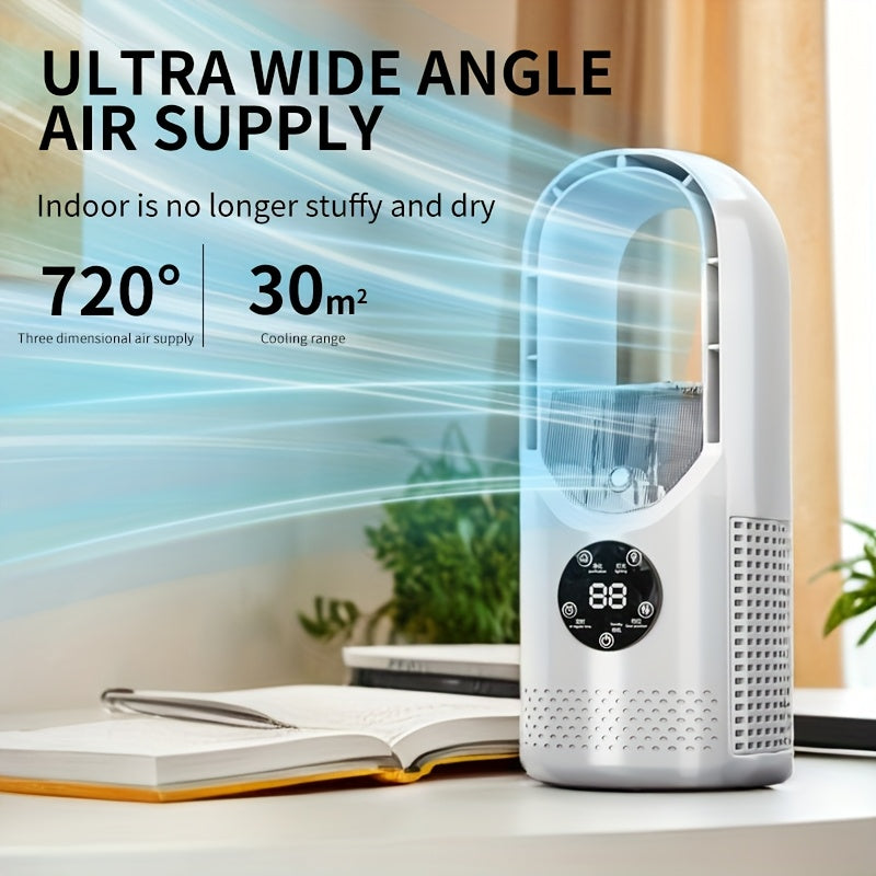 Portable USB Air Conditioning Tower Fan – Bladeless, Water Mist Cooling, LED Ambient Light, Timer, Smart Shutdown – for Office, Travel, Home, or Camping